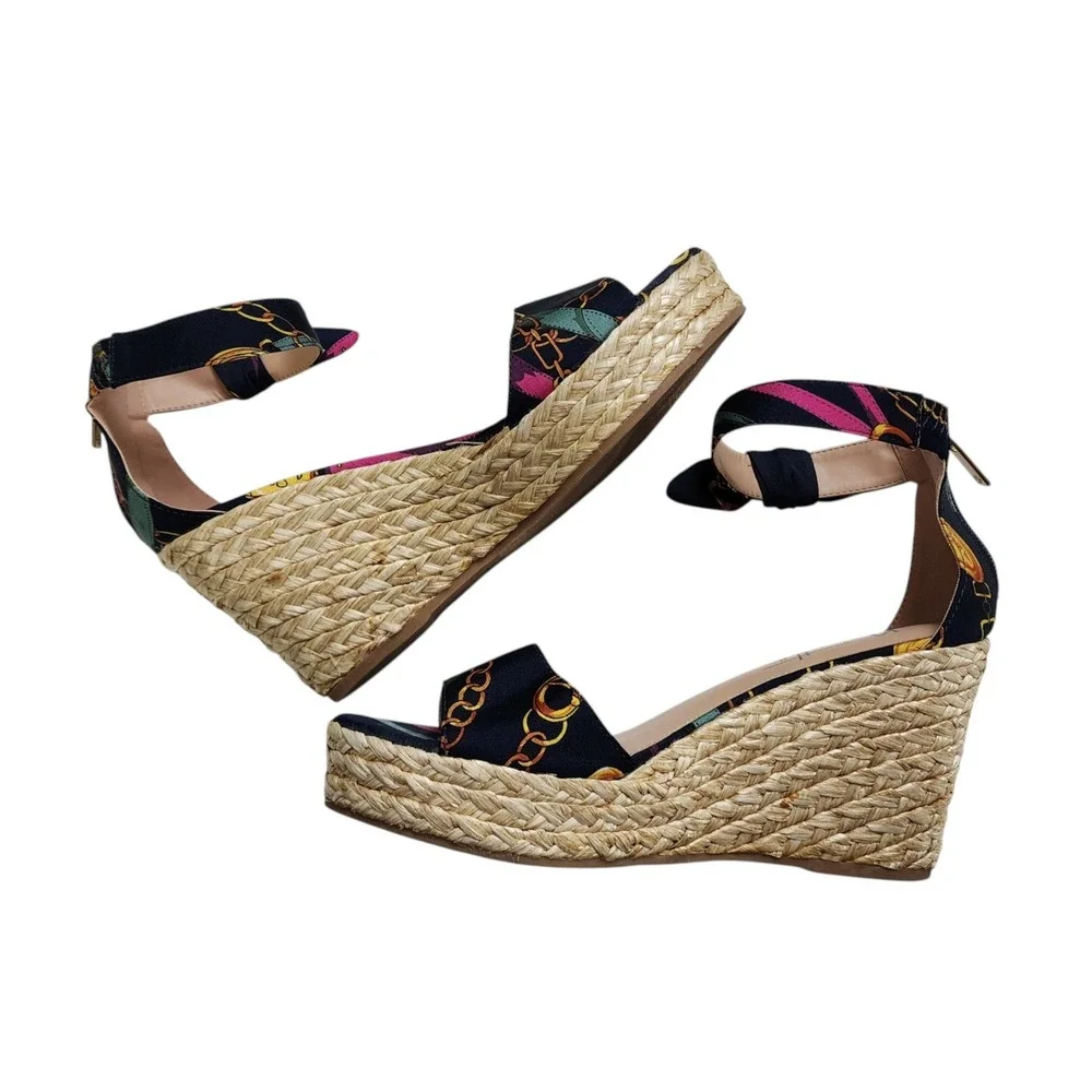 Nanette Lepore Womens Symphony Espadrille Wedge Sandal Size 8.5 Navy Chain Print